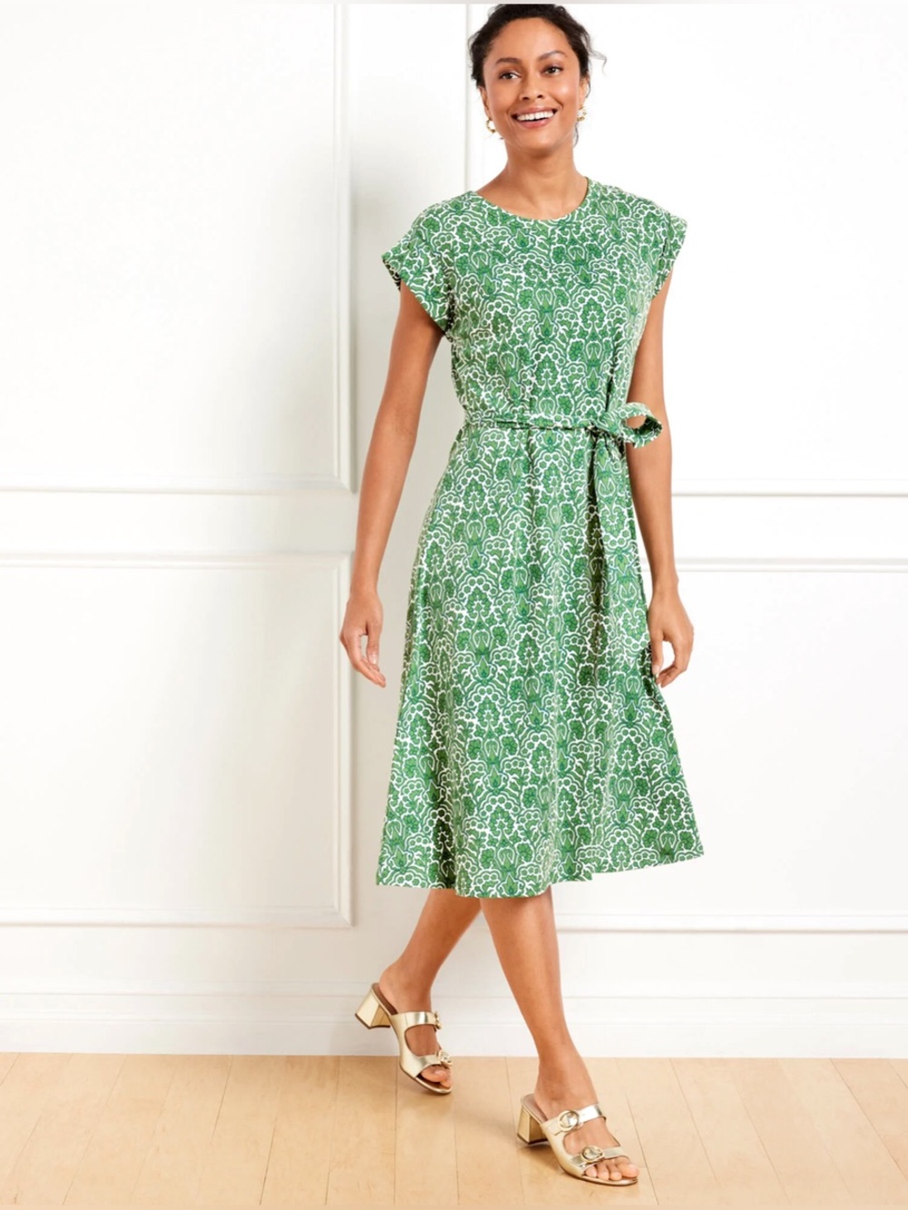 Talbots Plus Petite Green Floral Cotton Midi Dress with Belt 1XP
